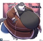 anthro belly belly_grab belly_overhang belly_squish belt big_belly big_butt big_moobs bottomwear brown_eyes butt chubby_cheeks clothing coat cute_fangs dialogue double_chin ears_down fangs fluffy fluffy_tail fur grey_body grey_fur hand_on_belly holding_belly huge_belly huge_butt hyper hyper_belly looking_at_self male moobs morbidly_obese neck_tuft obese open_mouth overweight overweight_male pants pivoted_ears simple_background solo sound_effects squish tail teeth text thick_arms thick_thighs tight_clothing topwear tuft white_body white_fur tanio ever_after_high fairy_tales mattel big_bad_wolf canid canine canis mammal wolf 2022 english_text half-length_portrait portrait