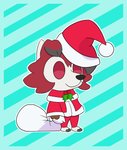 ambiguous_gender bag black_nose chettodoggo chibi christmas christmas_clothing christmas_headwear claws clothing fate_(series) fur generation_7_pokemon hat headgear headwear hi_res holidays lycanroc midnight_lycanroc nintendo padoru pokemon pokemon_(species) red_body red_eyes red_fur santa_hat semi-anthro smile solo standing toe_claws type-moon white_body white_fur