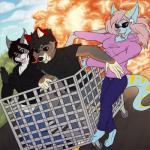 anthro blue_body blue_fur breasts brown_body brown_fur cleavage clothed clothing cool_guys_don't_look_at_explosions explosion eyewear fangs female fur grey_body grey_fur group humor male sabertooth_(anatomy) shopping_cart tan_body tan_fur teeth recurrent jackass_(copyright) canid canine canis coyote felid mammal rodent sciurid tree_squirrel 1:1