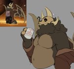 anthro bad-juju barazoku bathrobe belly big_belly bone clothing curtains exposed_shoulder fuzzy horn male mask musclegut muscular robe skull skull_head skull_mask solo wings disney the_owl_house papa_titan_(the_owl_house) demon humanoid titan_(the_owl_house)