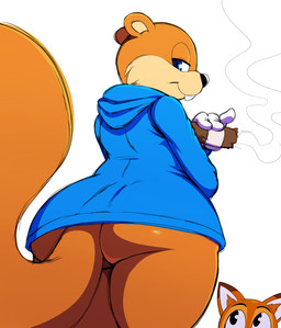anthro big_butt black_eyes black_nose blue_eyes bottomless buckteeth butt cigar clothed clothing duo femboy half-closed_eyes holding_object huge_butt jacket male narrowed_eyes simple_background teeth topwear white_background wide_hips sssonic2 conker's_bad_fur_day lucky's_tale_(series) playful_corp. rareware conker lucky_swiftail canid canine eurasian_red_squirrel fox mammal red_fox rodent sciurid tree_squirrel true_fox 2017 crossover digital_media_(artwork) hi_res