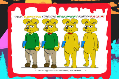 1980s_theme accessories_only accessory anthro blood blue_book bodily_fluids bright_colors brown_nose cheek_tuft chest_tuft clothing collar drama dress_shoes facial_tuft feet floppy_ears fur horror_(theme) humor khaki_pants male no_genitals nude quote solo spiked_collar spikes stereotype stern_look sweater tail text textbook toes topwear tuft yellow_body yellow_fur alystairphantem the_party_animals logan_goldstein_(the_party_animals) bird_dog canid canine canis domestic_dog golden_retriever hunting_dog labrador mammal retriever 3:2 absurd_res english_text hi_res model_sheet