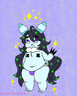 anthro bikini bikini_bottom black_hair black_nose chest_tuft clothing eyeliner facial_piercing freckles fur green_eyes hair makeup male navel nipple_tape nose_piercing pasties piercing septum_piercing shortstack slightly_chubby smile solo sparkles stars_in_hair swimwear tape tuft two-piece_swimsuit white_body white_fur mothmallow mallow_(mothmallow) arthropod insect lepidopteran moth hi_res