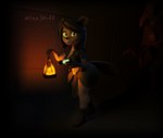 anthro backpack boots bottomwear braces brown_body brown_fur brown_hair buckteeth clothing dark_room female flat_tail footwear fur green_eyes grey_clothing gun hair holding_gun holding_lantern holding_object holding_ranged_weapon holding_weapon lamp lantern loincloth ranged_weapon ruins shoes teeth weapon siakstuff beaver mammal rodent hi_res