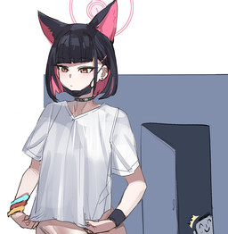 4_ears black_hair clothing collar duo eyebrows eyelashes female female_focus hair halo human_and_animal_ears mask medical_instrument multi_ear multicolored_hair pink_hair scientific_instrument shirt solo_focus surgical_mask topwear bow_(artist) blue_archive nexon kazusa_kyoyama sensei_(blue_archive) animal_humanoid cat_humanoid felid felid_humanoid feline feline_humanoid humanoid mammal mammal_humanoid