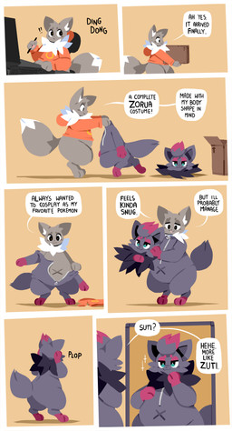 anthro biped bottomless bottomless_anthro box chair clothed clothing computer computer_keyboard container costume cyan_background desk dialogue dipstick_limbs dipstick_tail drawing_tablet electronics fluffy fluffy_tail fur furniture fursuit happy head_tuft holding_box holding_container holding_object hoodie inner_ear_fluff looking_back looking_down male markings mirror multicolored_body multicolored_fur neck_tuft office_chair open_mouth pear-shaped_figure semi-anthro simple_background smile solo sound_effects sparkles speech_bubble suit table tablet_pen tail tail_markings tail_tuft text topwear tuft tufted_fur wide_hips sutihukka nintendo pokemon suti_(sutihukka) canid canine fox generation_5_pokemon mammal pokemon_(species) zorua 2026 absurd_res comic english_text hi_res
