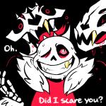 alternate_universe bone clothing gold_(metal) gold_tooth male not_furry red_eyes skeleton smile text unknown_artist underfell undertale undertale_(series) gaster_blaster sans_(underfell) animated_skeleton monster undead 1:1 english_text