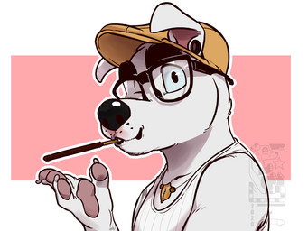 anthro black_nose claws clothing ear_piercing eyewear flat_cap floppy_ears food fur gauged_ear glasses hat headgear headwear jewelry looking_at_viewer male necklace one_eye_closed pawpads piercing shirt simple_background solo tank_top topwear white_body white_fur eclipticafusion animal_crossing nintendo pocky k.k._slider canid canine canis domestic_dog mammal 2020 4:3 bust_portrait portrait watermark