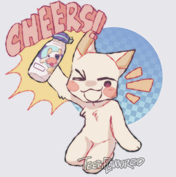 abstract_background advertisement ambiguous_gender anthro arm_tuft beverage blush blush_lines cat_smile checkered checkered_background cheek_spots cheers chest_tuft container cowbell dot_eyes elbow_tuft emanata eyebrows featureless_crotch fur handpaw holding_beverage holding_container holding_object kneeling looking_at_viewer milk milk_container noseless nude one_eye_closed open_mouth open_smile pattern_background paws pink_text pointy_ears prick_ears raised_hand simple_background simple_eyes sitting smile solo text toony tuft white_body white_fur wink winking_at_viewer teethflavoured doko_demo_issho sony_corporation sony_interactive_entertainment toro_inoue domestic_cat felid feline felis mammal 2023 cel_shading colored_line_art shaded signature