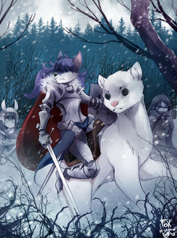 anthro armor black_eyes black_nose blue_hair cape clothing duo_focus female feral front_view frown fur group hair holding_melee_weapon holding_object holding_shield holding_sword holding_weapon long_hair melee_weapon outside pink_nose plant purple_body purple_fur purple_hair red_cape red_clothing riding saddle shield snout snow sword three-quarter_view tree weapon white_body white_fur winter wishbone_mouth foxinshadow canid canine canis domestic_ferret mammal mustelid musteline true_musteline weasel wolf 2018 digital_media_(artwork) hi_res