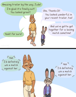 anthro biped clothed clothing dialogue dipstick_ears duo ear_markings eyebrows eyes_closed female fur multicolored_ears open_mouth open_smile orange_body orange_fur smile speech_bubble tail text aar0njay disney dreamworks the_bad_guys zootopia diane_foxington judy_hopps canid canine fox lagomorph leporid mammal rabbit 2025 comic english_text hi_res