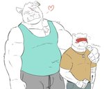 anthro blush bottomwear bulge clothing duo electronics heart_symbol humanoid_hands male male/male overweight overweight_male pants phone scar shirt simple_background topwear white_background renobato lifewonders tokyo_afterschool_summoners fire_mobster wood_baron felid feline mammal 2020 absurd_res hi_res