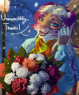 anthro blue_clothing blue_eyes bouquet camera chrysanthemum clothed clothing detailed_background electronics embarrassed evening female fingers flashlight flower fur hair hand_on_head landscape leaf light looking_at_viewer meta multicolored_body multicolored_clothing multicolored_fur multicolored_hair open_mouth phone photo plant red_rose rose_(flower) scarf smile snow snowing solo standing striped_body striped_fur stripes sweater teeth text topwear tree whiskers old_squatter felid feline mammal pantherine tiger 2026 artist_name colored digital_drawing_(artwork) digital_media_(artwork) english_text hi_res portrait shaded signature