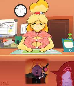 anthro big_breasts blush bodily_fluids breasts cervical_contact cervix clock clothed clothing cutaway dildo female fur genital_fluids genitals hair internal internal_vaginal masturbation office penetration sex_toy sex_toy_in_vagina sex_toy_insertion solo uterus vaginal vaginal_fluids vaginal_fluids_on_dildo vaginal_masturbation vaginal_penetration vibrator vibrator_in_vagina vulva wall_clock x-ray_view yellow_body yellow_fur i3i2455_ivi394 animal_crossing nintendo isabelle_(animal_crossing) canid canine canis domestic_dog mammal shih_tzu toy_dog 2022 absurd_res hi_res