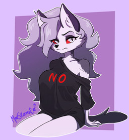 angry annoyed anthro black_clothing black_shirt black_topwear clothing female fur grey_hair hair long_hair oversized_clothing pointy_ears red_eyes shirt sitting snarling solo stare topwear white_body white_fur msc_cat hellaverse helluva_boss mythology loona_(helluva_boss) canid canid_demon canine demon hellhound mammal mythological_canine mythological_creature hi_res
