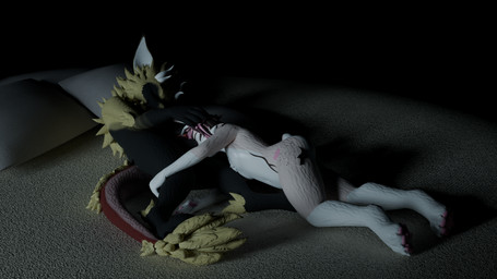 4_horns animal_genitalia anthro ball_sniffing ball_worship balls bed black_body black_fur body_worship cuddling duo eyes_closed fur fur_markings furniture genital_worship genitals half-closed_eyes horn light male male/male markings moonlight multi_horn narrowed_eyes penis penis_tip pillow pink_body pink_fur pink_scales red_body red_scales scales sheath sleeping sleeping_nude sleeping_on_partner sleeping_together sniffing soft_lighting white_body white_fur white_horn yellow_body yellow_fur jman7407 cici_(munbun) james_enderblud lagomorph leporid mammal nardoragon rabbit 16:9 3d_(artwork) digital_media_(artwork) hi_res widescreen