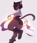 anthro black_hair bottomwear butt butt_pose clothed clothing female fire grey_background hair looking_back pose short shorts simple_background solo kanel katana_(black-kat) domestic_cat felid feline felis mammal 2017