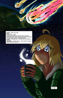 blonde_hair blue_eyes clothing coffee_cup container cup dialogue_box earth female hair jacket meteor_shower meteorite night planet solo space star steam text topwear dr_artist tera_rollins_(dr_artist) human mammal absurd_res english_text hi_res