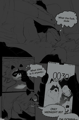 ambiguous_anthro ambiguous_gender anthro clothed clothing dialogue duo electronics insomnia male male_anthro phone profanity sleeping slice_of_life speech_bubble text topless topless_anthro topless_male jibjoblemeza american_opossum mammal marsupial virginia_opossum comic english_text hi_res monochrome
