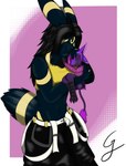 anthro cuddling duo female hair long_hair male purple_body simple_background size_difference streetwear techwear goldengiulia nintendo pokemon giulia_marigold avali eeveelution generation_2_pokemon pokemon_(species) umbreon hi_res