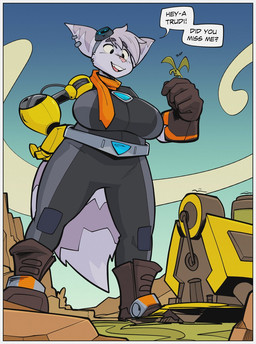 anthro belt big_breasts big_ears black_jumpsuit boots breasts brown_boots brown_clothing brown_footwear building canyon clothing cloud cybernetic_arm cybernetic_limb dialogue ear_piercing extreme_size_difference eyewear female feral footwear fur furry_tail gloves goggles handwear huge_breasts jumpsuit landscape_dwarfing low-angle_view macro macro_female markings mountain open_mouth open_smile orange_scarf piercing pink_nose scarf shoes size_difference sky smile snout speech_bubble striped_markings striped_tail stripes tail tail_markings text white_body white_fur ducky_(artist) ratchet_and_clank sony_corporation sony_interactive_entertainment rivet_(ratchet_and_clank) alien lombax mammal 2022 cel_shading colored digital_drawing_(artwork) digital_media_(artwork) english_text hi_res shaded