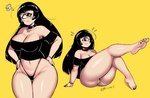 black_hair breasts cleavage clothed clothing cyclops female genitals hair not_furry panties pussy pussy_floss rivy_k simple_background solo underwear yellow_background