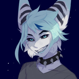 anthro black_collar black_ears black_eyebrows black_sclera blue_background blue_eyes blue_hair cheek_tuft clothed clothing collar dipstick_ears ear_markings eyebrows eyelashes facial_tuft fur grey_clothing grey_topwear hair male multicolored_ears narrowed_eyes pupils sharp_teeth simple_background slit_pupils solo spiked_collar spikes striped_ears teeth topwear tuft unsigned white_body white_fur corzh77 humanoid 1:1 absurd_res bust_portrait hi_res icon portrait