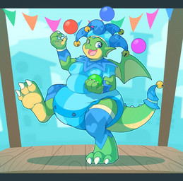 3_toes 4_fingers ageplay anthro big_diaper biped blue_eyes claws clothed clothing detailed_background diaper feet fingers fool's_hat green_body hat headgear headwear heart_eyes heart_symbol infantilism jester juggling looking_at_viewer medieval membrane_(anatomy) membranous_wings onesie open_mouth open_smile roleplay sharp_teeth smile solo teeth toe_claws toes toony wearing_diaper wings bubblepuppers mythology brokenwing dragon mythological_creature mythological_scalie scalie 2017 digital_media_(artwork) hi_res