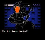 anthro big_breasts breasts curvy_figure fangs female gameplay_mechanics hourglass_figure mantle sharp_teeth solo teeth thick_thighs valentine_(artist) deltarune undertale_(series) shadow_mantle_(deltarune) animate_inanimate living_clothing hi_res