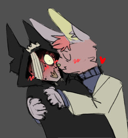 5_fingers anthro bandage bandage_on_eye bandage_on_face bat_nose blue_clothing blue_shirt blue_topwear blush blush_lines clothing duo ears_up eyes_closed fangs female female/female fingers fur grey_background head_tuft heart_symbol hug hug_from_side hugging_another mouth_closed pink_body pink_fur shirt simple_background snout standing teeth topwear tuft krisha288 pretty_blood carl_(pretty_blood) elma_(pretty_blood) bat lagomorph leporid mammal rabbit 2024 digital_media_(artwork) hi_res