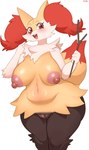 anthro areola big_areola big_breasts big_nipples biped black_body black_fur blush blush_lines breasts chest_tuft clitoris curvy_figure cute_fangs fangs female fur genitals kemono legs_together looking_at_viewer multicolored_body multicolored_fur multicolored_tail navel nipple_dip nipples nude nude_anthro nude_female open_mouth open_smile pink_areola pink_nipples puffy_areola puffy_nipples pussy red_body red_fur red_tail smile solo standing tail teeth thick_thighs tuft voluptuous white_body white_fur wide_hips yellow_body yellow_fur yellow_tail sususuigi nintendo pokemon braixen generation_6_pokemon pokemon_(species) hi_res