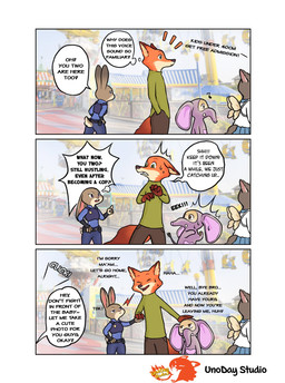 anthro black_ears black_nose brown_ears clothed clothing costume countershading dialogue dipstick_ears ear_markings elephant_costume eyelashes female female_anthro fur green_eyes grey_body grey_ears grey_fur male male_anthro multicolored_body multicolored_ears multicolored_fur orange_body orange_ears orange_fur pink_inner_ear pink_nose police police_uniform pupils purple_eyes tan_body tan_countershading tan_fur tan_inner_ear text two_tone_ears uniform white_body white_countershading white_fur unoday_studio disney zootopia finnick_(zootopia) judy_hopps nick_wilde canid canine european_rabbit fennec_fox fox lagomorph leporid mammal oryctolagus rabbit red_fox true_fox comic english_text hi_res