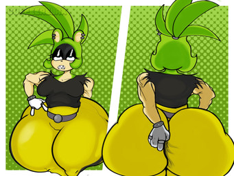 anthro big_breasts big_butt black_clothing black_shirt black_topwear bottomwear breasts butt clothed clothed_anthro clothed_female clothing curvy_figure digging_into_butt eyelashes female fully_clothed fur gloves green_body green_fur hand_on_hip handwear huge_butt huge_hips pants rear_view scratching scratching_butt sharp_teeth shirt solo teeth thick_thighs topwear white_clothing white_gloves white_handwear wide_hips yellow_bottomwear yellow_clothing yellow_pants coffeerelax idw_publishing sega sonic_the_hedgehog_(comics) sonic_the_hedgehog_(idw) sonic_the_hedgehog_(series) yeah_i_have_a_type_(meme) surge_the_tenrec afrosoricid mammal tenrec 4:3 hi_res