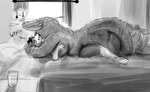 2022 anthro anthro_on_anthro bed biped border_collie breasts canid canine canis collie crocodile crocodilian crocodylid cuddling digital_media_(artwork) doctordj domestic_dog duo female female/female female_on_bottom female_on_top furniture greyscale herding_dog hi_res interspecies lying mammal monochrome olivia_(doctordj) on_back on_bed on_bottom on_front on_top pastoral_dog reptile sarah_(wheresmysocks) scalie sheepdog size_difference