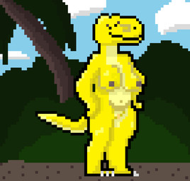 3_toes anthro belly big_breasts breasts brown_nipples cloud countershading dirt feet female forest genitals jungle nature navel nipples non-mammal_breasts non-mammal_navel non-mammal_nipples nudist palm_tree plant shrub slightly_chubby solo tail toes tree vulva yellow_body 5up3rfr34k dinosaur prehistoric_species reptile saurischian scalie theropod tyrannosaurid tyrannosauroid tyrannosaurus tyrannosaurus_rex digital_media_(artwork) pixel_(artwork)