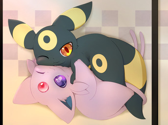 3_toes :3 ambiguous/ambiguous ambiguous_gender bird's-eye_view black_body black_ears black_fur black_tail blue_inner_ear checkered checkered_background cheek_to_cheek cheek_tuft cuddling duo ear_markings entwined_tails facial_markings facial_tuft feet feral feral_on_feral forehead_gem forehead_markings forked_tail fur gem glistening glistening_eyes head_markings high-angle_view kemono leg_markings looking_at_viewer lying markings monotone_body monotone_fur monotone_tail multicolored_body multicolored_ears multicolored_fur multicolored_tail on_side one_eye_closed orange_eyes pattern_background paws pink_body pink_ears pink_fur pink_tail pupils purple_eyes quadruped red_pupils ring_(marking) ringed_tail side_view simple_background smile striped_markings striped_tail stripes tail tail_coil tail_markings toes tuft two_tone_body two_tone_ears two_tone_fur two_tone_tail unusual_anatomy unusual_tail white_pupils wink yellow_body yellow_ears yellow_fur yellow_markings yellow_tail hirochanu nintendo pokemon canid eeveelution espeon felid feline generation_2_pokemon mammal pokemon_(species) umbreon colored digital_media_(artwork) full-length_portrait hi_res portrait shaded