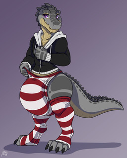 anthro big_bulge bulge clothed clothing huge_bulge hyper hyper_bulge legwear looking_at_viewer male smile solo standing thick_thighs thigh_highs wide_hipped_male wide_hips muzz kesh_(talash) crocodile crocodilian reptile scalie hi_res