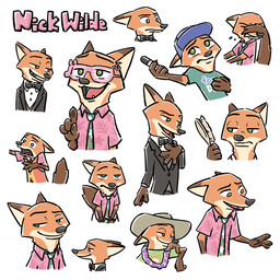 accessory anthro black_nose bow_tie brown_ears brown_tail brush clothed clothing countershading dipstick_ears dipstick_tail ear_markings eyewear facial_hair fake_mustache fur glasses green_eyes hairbrush hat headgear headwear long_tail male markings multicolored_ears mustache necktie orange_body orange_ears orange_fur orange_tail solo suit tail tail_markings tan_body tan_countershading tan_fur tan_inner_ear gumi_(pixiv) disney zootopia nick_wilde canid canine fox mammal red_fox true_fox 1:1 absurd_res hi_res