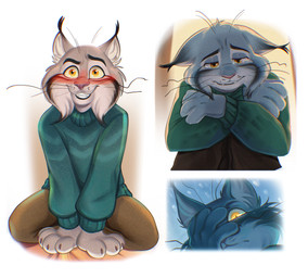 4_fingers anthro blush bodily_fluids bottomwear brown_bottomwear brown_clothing brown_pants claws clothing crossed_arms crying eyebrows fingers fluffy fur glowing glowing_eyes green_clothing green_sweater green_topwear grey_body grey_fur hand_on_face inner_ear_fluff kneeling pants pink_nose raised_eyebrow shy smile snow snowing solo sweater tears topwear tuft whiskers yellow_eyes akonaro disney zootopia pawbert_lynxley canada_lynx felid feline lynx mammal 2026 absurd_res digital_media_(artwork) hi_res multiple_scenes