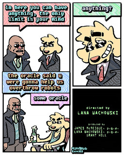 4_panel_comic accessory alcohol anthro beer beer_bottle beverage bottle bottomwear brown_body brown_skin cigarette cigarette_in_mouth clothing container dialogue duo eyewear floppy_ears grin half-closed_eyes humor lawn_chair male narrowed_eyes necktie object_in_mouth shirt shorts simple_background smile smoking_tobacco speech_bubble stubble suit suit_jacket sunglasses tank_top text topwear white_background rawdawgcomics the_matrix stahli_(rawdawgcomics) bird_dog canid canine canis domestic_dog golden_retriever human hunting_dog mammal retriever 4:5 comic english_text hi_res