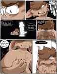 anthro brown_body brown_fur brown_hair clenched_teeth crouching dialogue duo featureless_crotch fur hair looking_at_hand male null pain scared screaming shaking shocked teeth text white_body spicykiwi alex_(spicykiwi) felid feline mammal absurd_res comic hi_res