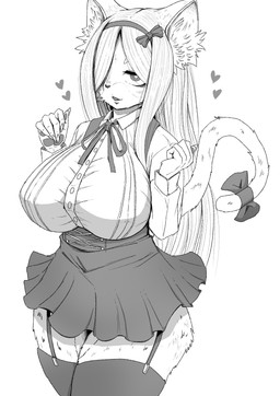 accessory anthro big_breasts bow_(feature) bow_accessory bow_ribbon bow_tie breasts clothed clothing cute_fangs fangs female fur furgonomics hair hair_accessory hair_bow hair_over_eye hair_ribbon hairband heart_pair heart_symbol hearts_around_body hearts_around_head long_hair looking_at_viewer one_eye_obstructed ribbons simple_background solo string_bow string_bow_tie tail tail_accessory tail_bow tail_ribbon teeth white_background chikarasox domestic_cat felid feline felis mammal 2019 absurd_res hi_res monochrome portrait three-quarter_portrait