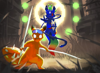 ambiguous_gender blue_body eyewear feet feral fingers front_view goggles group holding_object looking_at_viewer orange_body orange_tail outside semi-anthro standing tail toes tenebscuro rain_world videocult slugcat 2026 digital_drawing_(artwork) digital_media_(artwork) hi_res