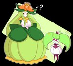 absurd_res big_breasts breasts crown duo elemental_creature elemental_humanoid emlc3690 female flora_fauna generation_5_pokemon generation_7_pokemon hair headgear hi_res humanoid lilligant long_hair nintendo plant plant_humanoid pokemon pokemon_(species) princess princess_dress question_mark royalty steenee