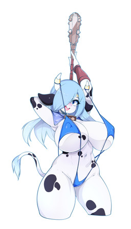 anthro big_breasts bikini blue_hair breasts clothing cowbell female hair hair_over_eye holding_object holding_weapon huge_breasts mace melee_weapon nipple_outline one-piece_swimsuit one_eye_obstructed sling_bikini solo swimwear two-piece_swimsuit weapon white_body slugbox bovid bovine cattle mammal absurd_res digital_media_(artwork) hi_res shaded