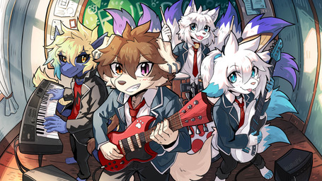 5_fingers 5_toes amplifier anthro barefoot barely_visible_pawpads bass_drum bass_guitar biped blonde_hair brown_hair claws clothed clothing cymbals dipstick_ears dipstick_tail drum drum_set ear_markings electric_guitar feet finger_claws fingers floppy_ears fur group guitar hair inner_ear_fluff kemono keyboard_instrument male markings multi_tail multicolored_ears musical_instrument musical_keyboard open_mouth open_smile pawpads paws percussion_instrument pink_pawpads plantigrade playing_guitar playing_music plucked_string_instrument smile string_instrument tail tail_markings toe_claws toes tom_drum tuft white_body white_fur white_hair penguinexperience mythology aiden_(penguinexperience) ladon_(character) canid canine canis domestic_dog dragon fox mammal mythological_creature mythological_scalie scalie 16:9 hi_res widescreen