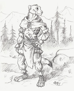 4_fingers 4_toes anthro arm_warmers armwear bandage belt biped claws cloak clothed clothing dagger day digitigrade dipstick_tail feet finger_claws fingers foot_wraps forest fur fur_markings hand_on_hip hand_wraps knife leg_warmers legwear looking_aside looking_away male markings melee_weapon mountain outside plant plantigrade scabbard smile solo standing tail tail_markings toe_claws toes tree weapon wraps 0laffson beyond_the_western_deep bevan_(btwd) ermehn mammal mustelid musteline stoat true_musteline weasel 2017 graphite_(artwork) hi_res monochrome signature sketch traditional_media_(artwork)