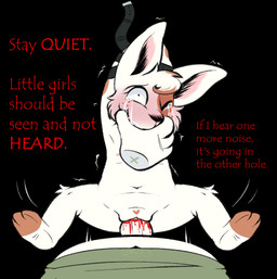 3_toes 4_fingers abuse abusive age_difference anthro anthro_on_anthro bdsm belly belt belt_bondage belt_restraints black_background blood blood_from_vagina blood_in_pussy blush bodily_fluids bondage bound breasts brown_spots brown_toes canon_x_oc cartoon_freckles clothing covering covering_mouth crying dialogue disembodied_hand duo explicitly_stated_nonconsent faceless faceless_character faceless_male facial_tuft fat_belly feet female fingers first_person_view flat_chested forced freckled_face freckles fur fur_markings genitals green_clothing green_shirt green_topwear handgag hands_tied heart_(marking) larger_male lying male male/female male_pov markings motion_lines navel nipples nude nude_female older_male older_male_and_younger_female on_back one_eye_closed organs pain penetration penis pink_nipples pupils rape red_text restrained restrained_arms rough_sex scared sex shaking shirt simple_background size_difference small_pupils smaller_female smaller_penetrated soles spots spotted_markings stomach tears text threatening toes topwear torture tremble_lines tremble_spikes trembling tuft violence vulva white_body white_fur wide_eyed young young_female younger_female younger_penetrated danisshippies creepypasta max_and_ruby max_and_ruby_0004 nelvana rosemary_wells fred_(max_and_ruby_0004) lagomorph leporid mammal rabbit english_text
