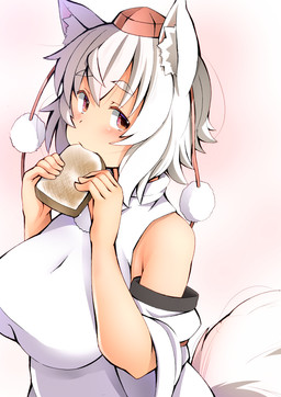 armwear big_breasts blush bread breasts clothed clothing detached_sleeves eating female food hair hat headgear headwear holding_food holding_object inner_ear_fluff red_eyes shirt short_hair solo tokin_hat topwear tuft white_hair shishi_juuroku touhou momiji_inubashiri animal_humanoid canid canid_humanoid canine canine_humanoid humanoid mammal mammal_humanoid wolf_humanoid hi_res
