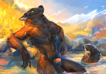 animal_genitalia animal_penis anthro balls black_balls black_body black_fur black_nose black_tail blue_eyes bodily_fluids canine_genitalia canine_penis dripping fur genital_fluids genitals half-erect hot_spring male muscular muscular_anthro muscular_male nude nude_anthro nude_male outside penis penis_tip precum precum_drip sheath sitting solo swimming_pool tail water kinsheph canid canine canis mammal wolf hi_res